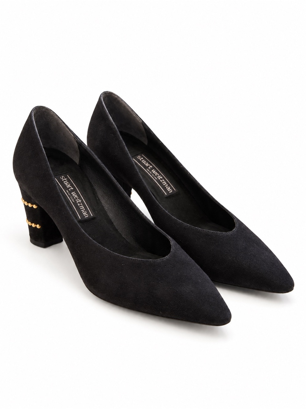 Size 8.5 Stuart Weitzman PS Beaded Black Suede Pointed Toe Gold Heel Pumps